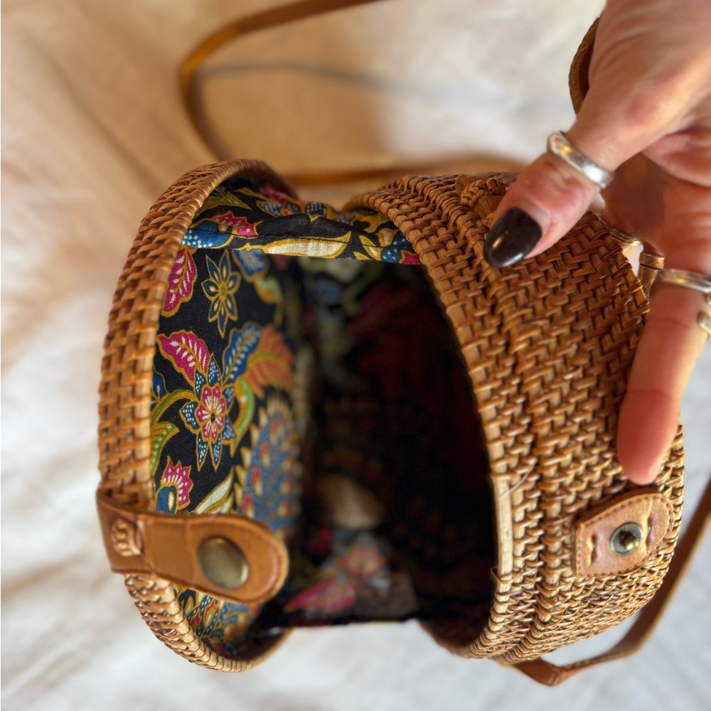 Woven Round Crossbody Bag with Floral Lined Interior - Brown